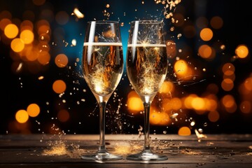 Wall Mural - Glasses of champagne with splash on bokeh background. New Year celebration