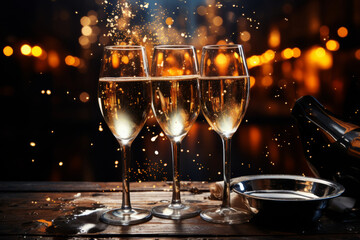 Wall Mural - Glasses of champagne on wooden table against bokeh lights background