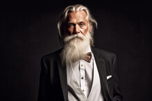 Gorgeous Old Gentleman With Long White Hair, Beard And Moustache In Dinner Jacket With Waistcoat And Bow Tie