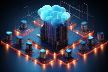 Wall Mural - 3d render of big data storage and cloud computing technology concept. Smart city with neon lights