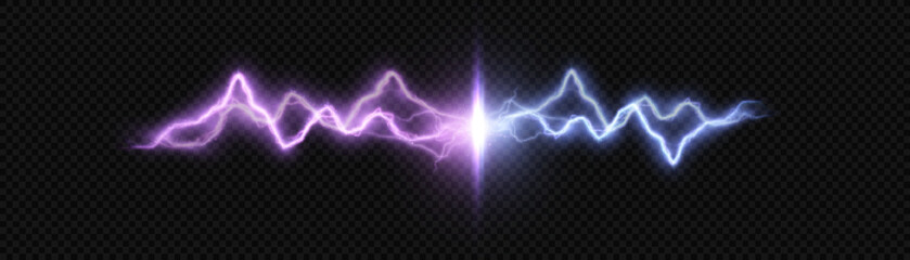 Poster - The effect of an electric lightning discharge. Power electrical energy, lightning, opposition of two forces. Vector on a transparent background.