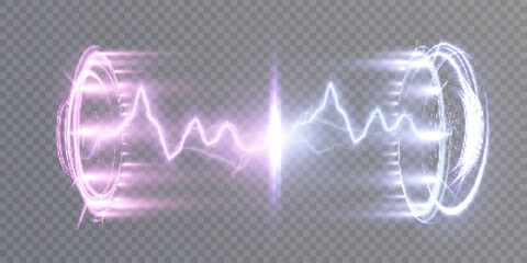 Poster - The effect of an electric lightning discharge. Power electrical energy, lightning, opposition of two forces. Vector on a transparent background.
