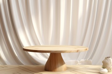 Wall Mural - empty round wooden table in room with curtain and vase. 3d rendering