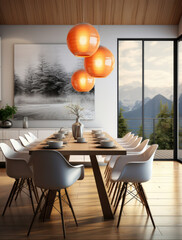 Wall Mural - modern dining room interior with wooden wall, panoramic window and mountains view. 3d rendering