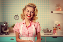 Happy Retro Stereotypical Housewife Woman On Pastel Background