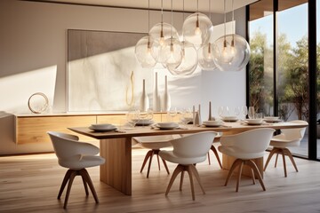 Wall Mural - modern dining room interior with wooden table and chairs. 3d rendering