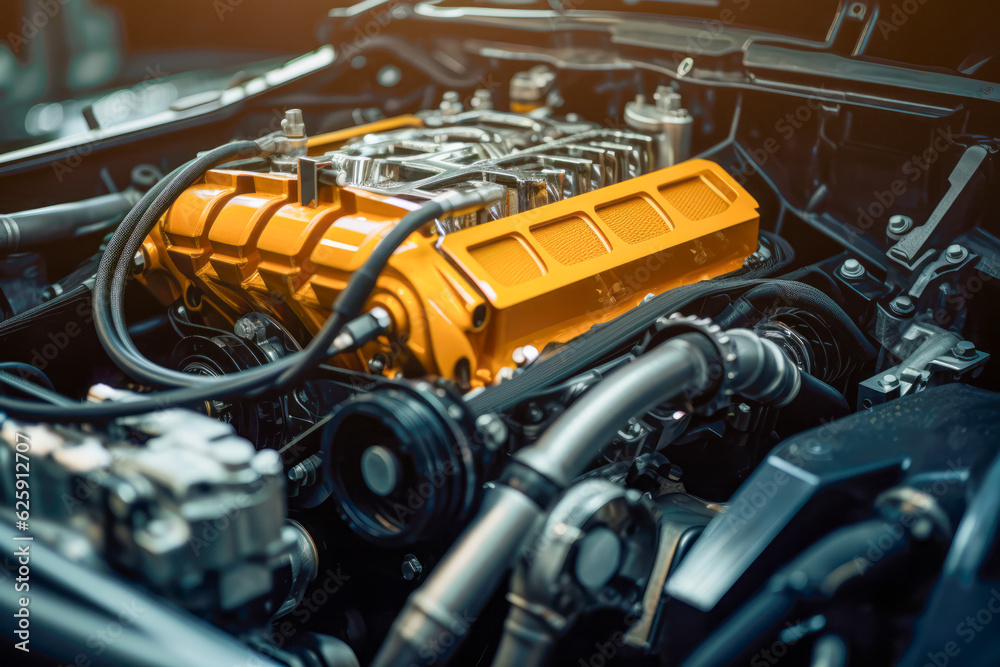 A close-up of a powerful car engine, the heart of the vehicle, ready to ...