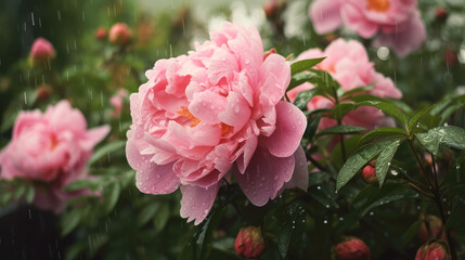 Wall Mural - flowering bushes of pink peonies, generative AI