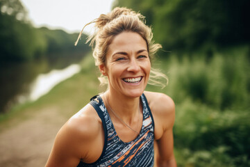 Portrait of beautiful and fit woman in her 30s working out outdoors, nature background