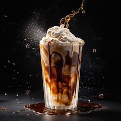 Iced caramel coffee with whipped cream and coffee beans on black background