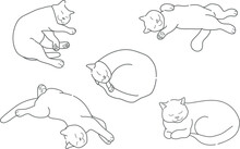 Contour Drawing Of A Sleeping Cat In Various Poses. Cat Is Sleeping In Different Positions. Empty Contour Isolated On A White Background. Vector Illustration