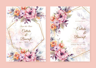 watercolor wedding invitation card template with pink and burgundy floral and leaves decoration