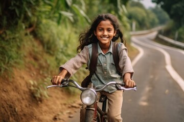 Canvas Print - Portrait of smiling little girl riding a bicycle on the road.