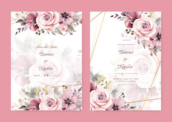 Wall Mural - Watercolor wedding invitation template with pink white floral and leaves decoration