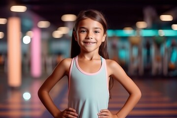 Wall Mural - Portrait of a smiling little girl in sportswear at gym