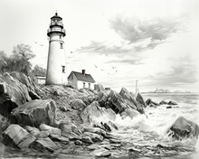 A Coastal Scene With A Lighthouse On Rocky Shore. (Generative AI)