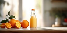 AI Generated. AI Generative. Orange Juice Nottle Glass Ware On Kitchen Bright Day Table Mock Up Background. Healthy Morning Vitamin C Graphic Art
