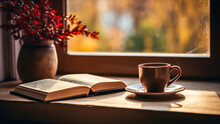 Cup Of Coffee, Book And Vase On The Windows