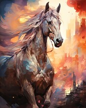 In Front Of A Cityscape, A Horse With Turned Head Paints. (Generative AI)