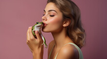 Studio Portrait Of Beautiful Young Woman Kissing A Frog, Fairy Tale, Frog Becomes Prince. Generative AI.