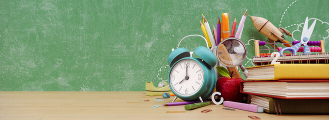 ready for school concept background with books, alarm clock and accessory 3d rendering, 3d illustrat