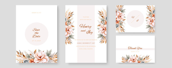 Wall Mural - watercolor wedding invitation template with arrangement flower and leaves