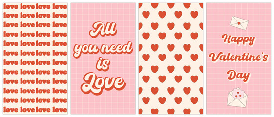 Wall Mural - Groovy Valentines day poster. Happy Valentines day backgrounds in trendy retro 60s, 70s style. Love groovy postcard.Vector illustration