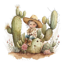 Baby Cowgirl Sits Near Some Cactuses, Generative AI