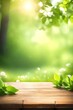 Beautiful spring background with green lush young foliage and an empty wooden table outdoors. Natural template with bokeh beauty and sunshine, Generative AI