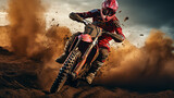 Fototapeta  - Motocross, enduro rider accelerating in dirt track with debris flying away Generative AI