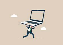 Businessman Carrying Huge With Computer. Frustrated Computer User. Office Life Makes Him Crazy. Flat Vector Illustration