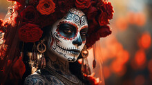Sugar Skull With Colorful Flowers. Calavera Catrina. Dia De Los Muertos. Day Of The Dead. Digital 3D Illustration Generative AI