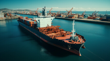 Wall Mural - Industrial port in the field of import-export global business logistics and transportation, Loading and unloading container ships, cargo transportation from a bird's eye view. Generative AI