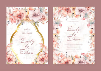 Fototapete - Universal hand drawn floral templates in warm colors perfect for an autumn or summer wedding and birthday invitations, menu and baby shower.