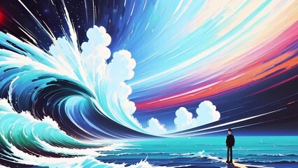 Wall Mural - Bright painting animation of world transformation. Beautiful colorful sky, swirling clouds, wavy ocean and mountains. Abstract AI generated animation with image metamorphose.