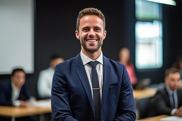 Wall Mural - Portrait of smiling businessman standing with arms crossed in conference room.