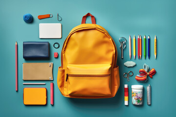 top view organized school supplies and backpack on blue background, Generative AI