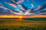 Fototapeta  - Flint Hills Kansas Sunset: Stunning Landscape of Kansas Prairie Field with Beautiful Sky and Blue Skies over Great Plains. Generative AI