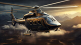 Fototapeta  - Picture of helicopter at sunset. Silhouette of helicopter on sunset sky.