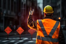 Male Construction Worker Directing Traffic With Reflective Stop Sign For Traffic Management At Industry Site. Generative AI