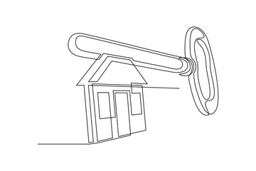 Wall Mural - continuous line art drawing of a house with a key
