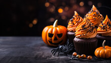 Halloween Cupcakes And Pumpkins On Dark Background With Empty Space For Text