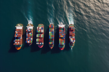 Wall Mural - Four container ships sail across the ocean in this aerial photograph, carrying goods and cargo to ports around the world