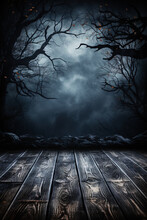 Old Wood Table And Silhouette Dead Tree At Night For Halloween Background 