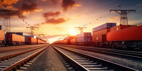 Wall Mural - railway track with a string of container trains, highlighting the importance of rail transport in the movement of goods and commerce across vast distances. Generative AI