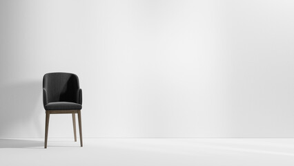 Poster - White empty wall room studio with chair and empty copy space design minimalism, empty place with spotlight and minimal composition with chair and blank white wall