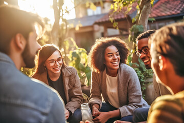 Wall Mural - Group of young laughing people sitting outdoors. Concept of mental health, psychological safety. Generative AI