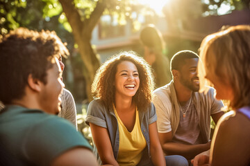 Group of multiethnic people sitting outdoors, mental health, psychologist motivation, helping. Generative AI