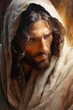 Close up portrait with white robe and hood illustration depicting Jesus