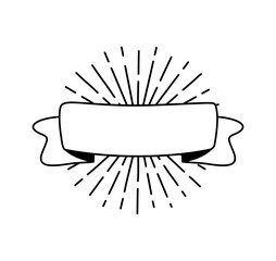 Wall Mural - Black monoline ribbon with sun rays. Line banner icon, Web design element. Hand drawn vector illustration. Place for your text for business, greeting card and holidays copy space